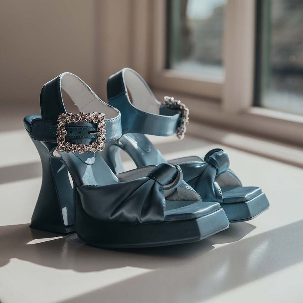 Jeffrey Campbell blue wedding shoes with diamanté crystal buckle and block heel