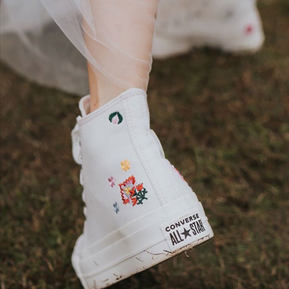 Floral embroidered white bridal Converse wedding shoes