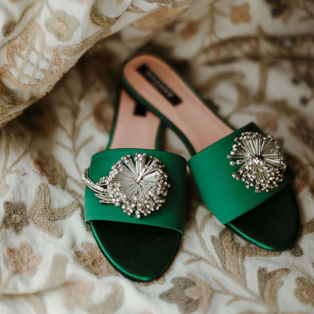 Green embellished mules for bride