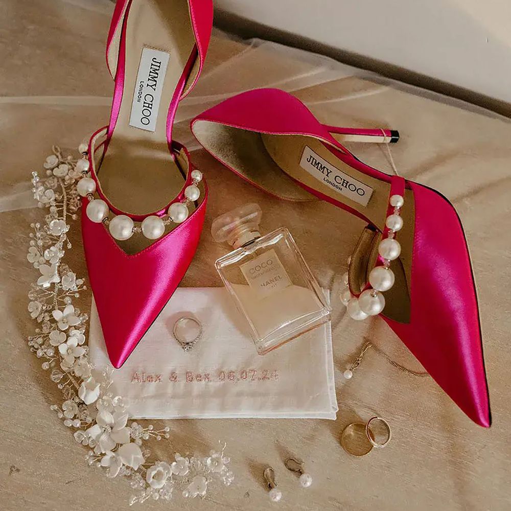  Bride's hot pink Jimmy Choo wedding shoes with pearl detailing