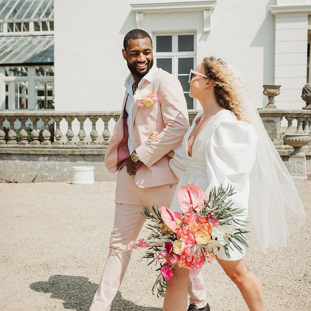 Bride in hot pink platform block heels
