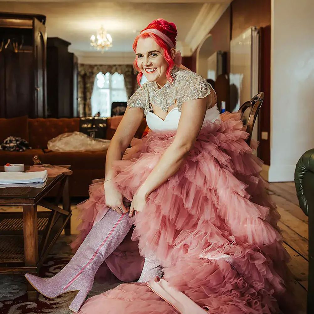 Pink glitter wedding boots for bride