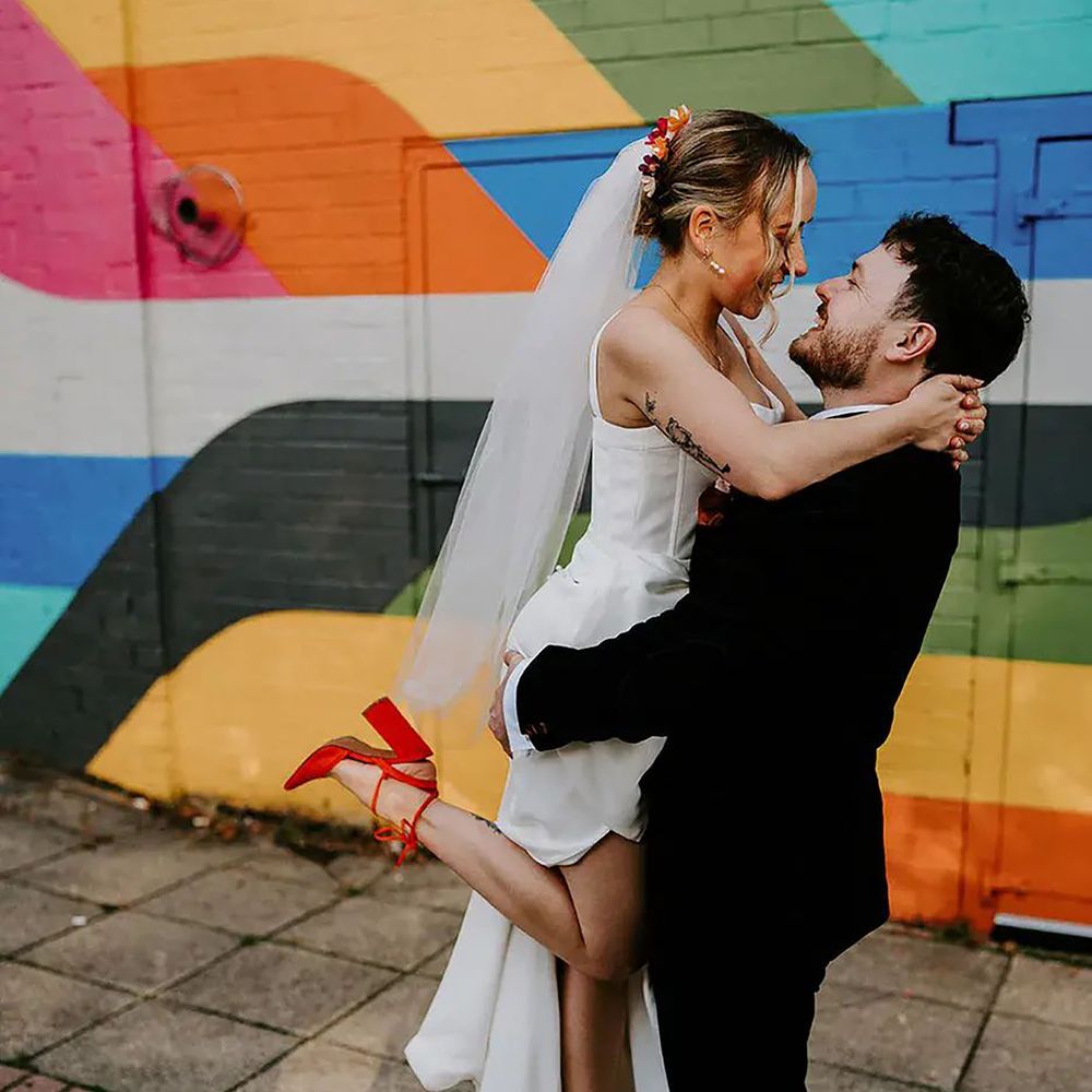 Red heeled colourful wedding shoes