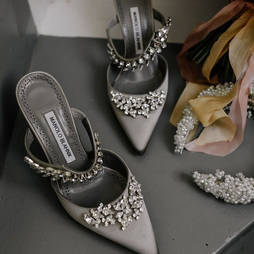 Silver/grey jewel encrusted Manolo Blahnik mule bridal shoe
