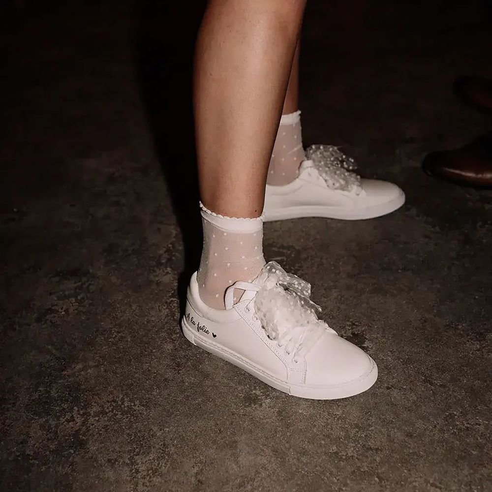 White bridal trainers with sheer mesh ribbon laces and sheer socks