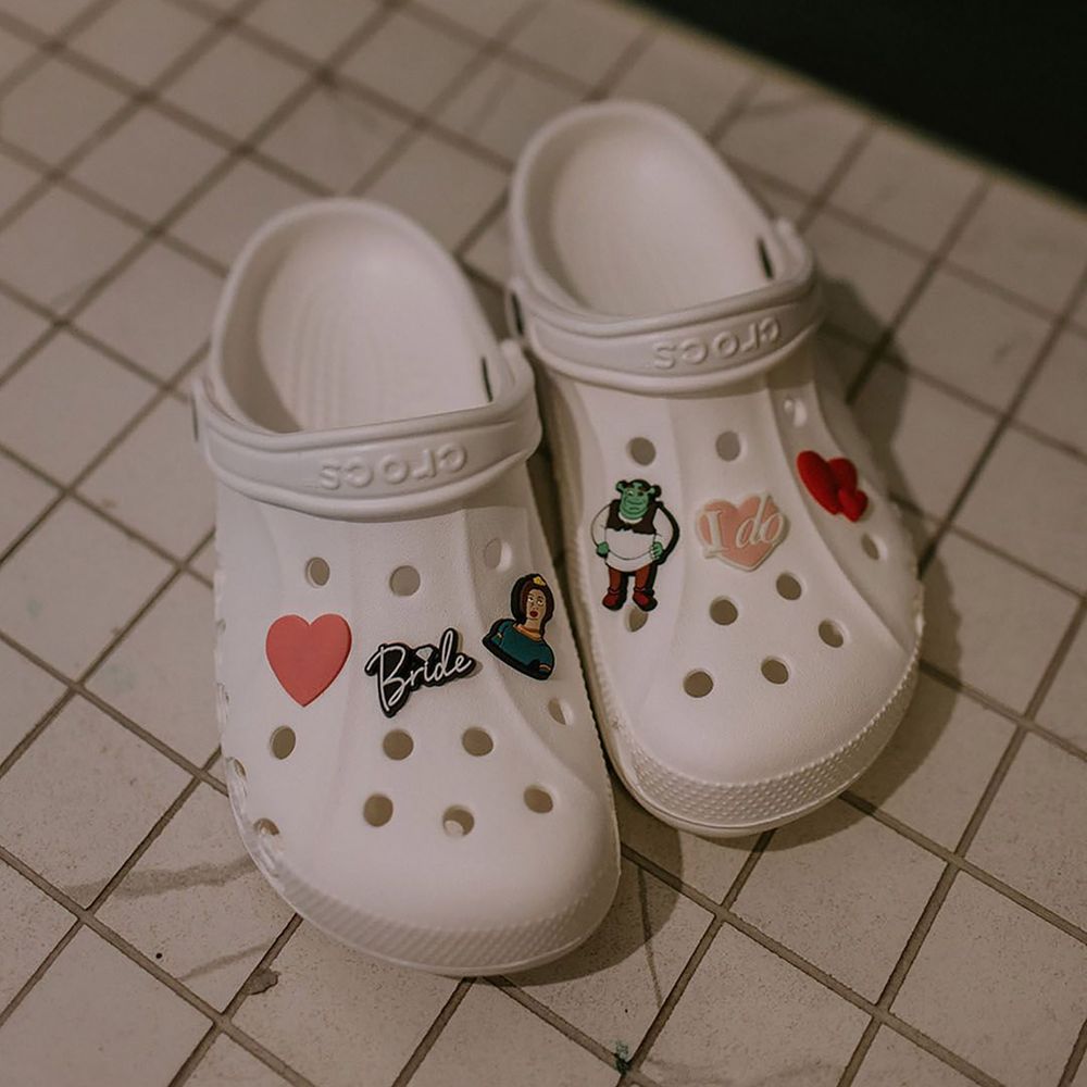 White Crocs for the bride with Shrek Jibbitz and charms