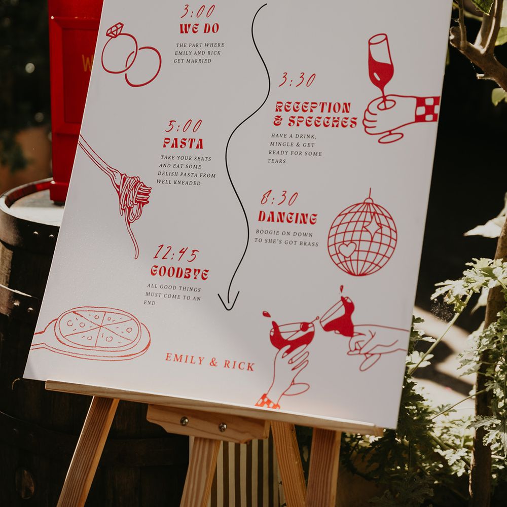 red-and-white-wedding-order-of-the-day-sign