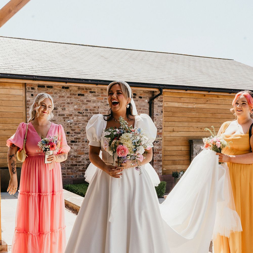 pastel-bridesmaid-dresses-with-bride-in-puff-sleeve-princess-wedding-dress