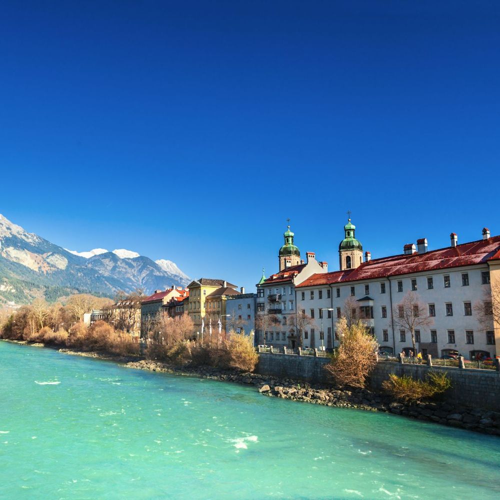 Mountain landscape with river in Austrian winter