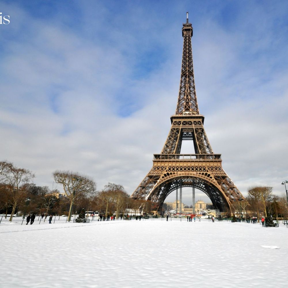 View of the eiffel tower tower on a snowy day in Paris