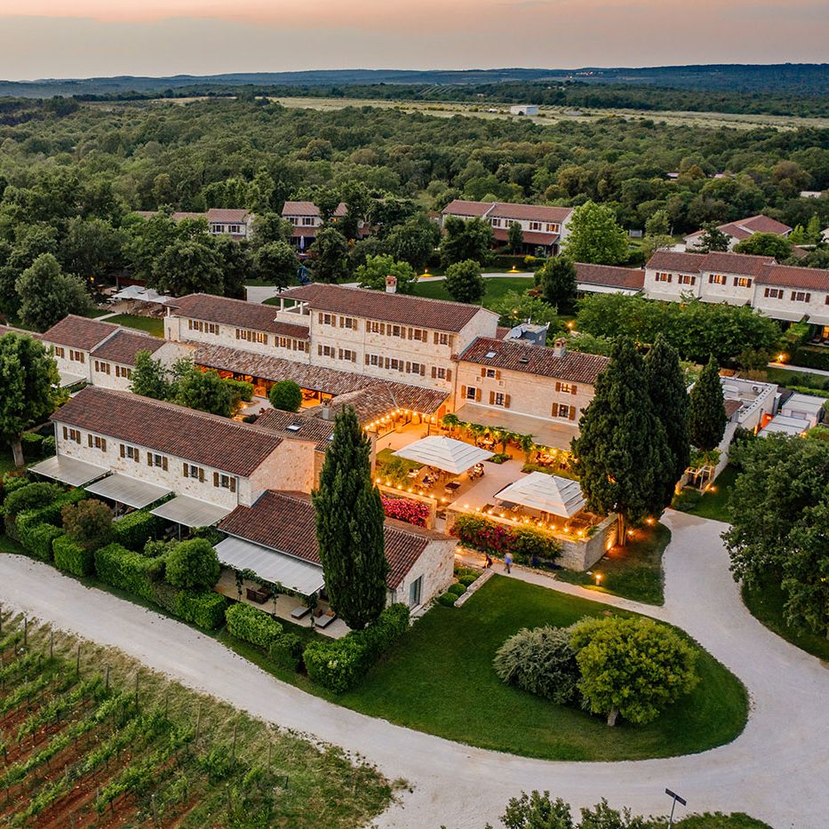 Aerial view of the exterior of Meneghetti winery