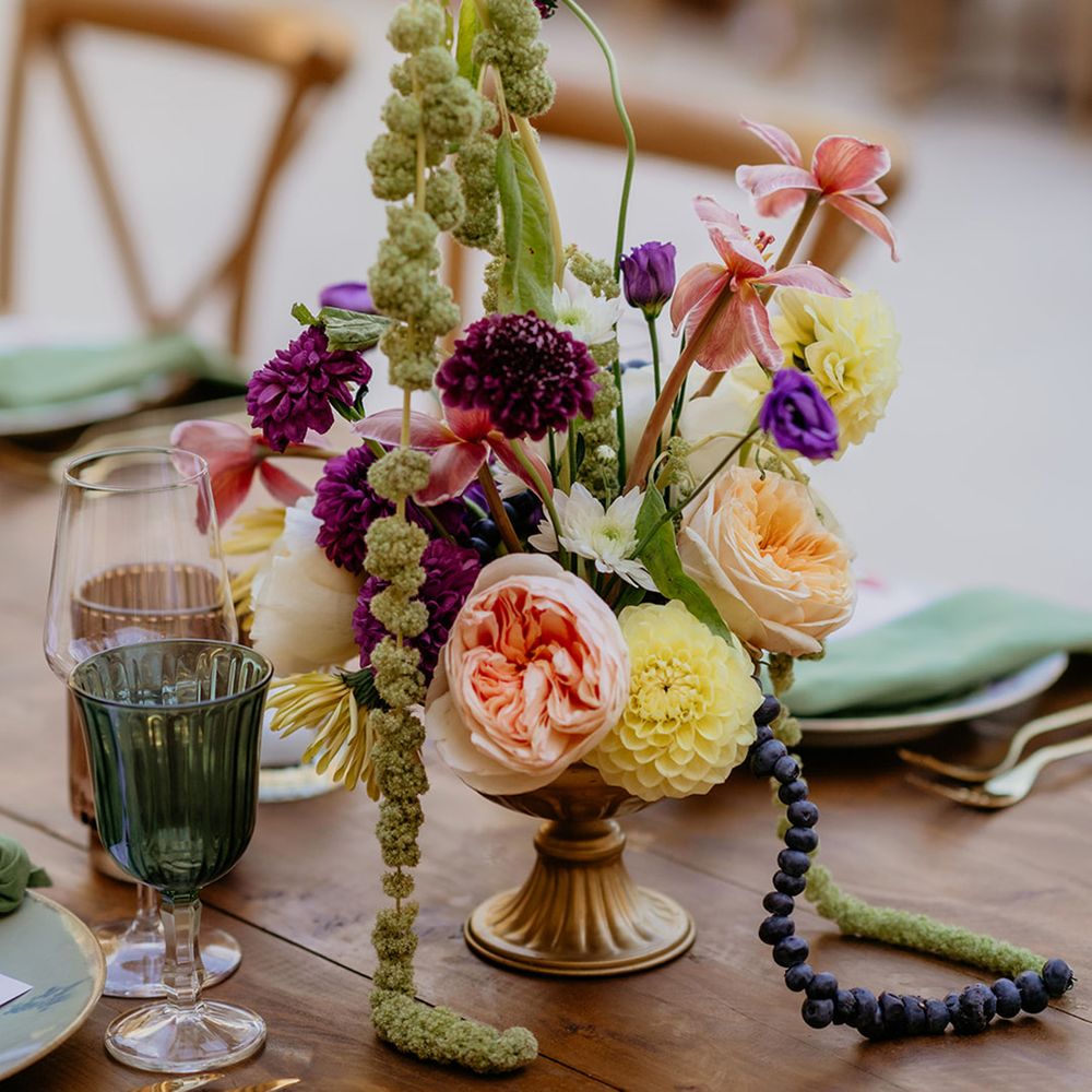 Sculptural colourful wedding flower centrepiece