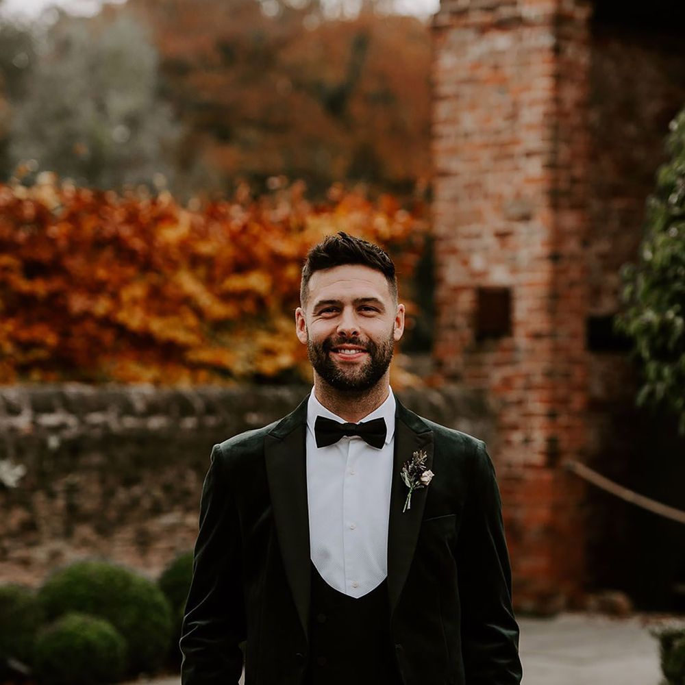 Green velvet black tie winter wedding suit