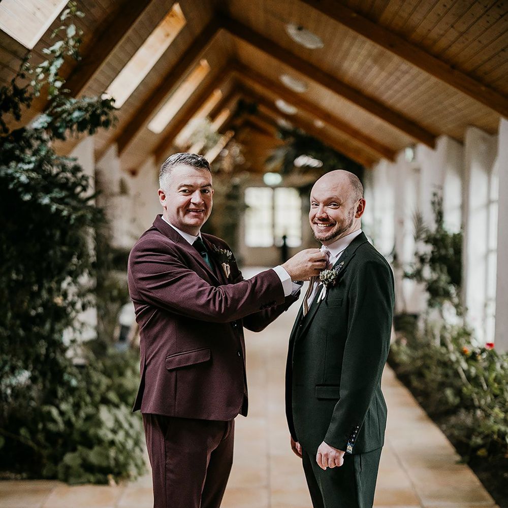 Burgundy and dark green winter wedding suits