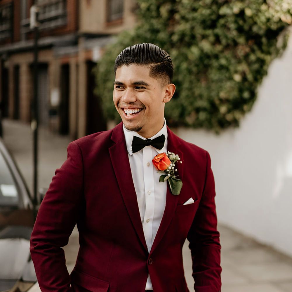 Burgundy red black tie winter wedding suit 