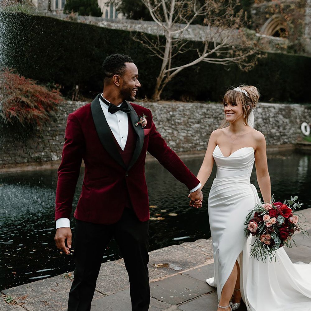 Red velvet black tie winter wedding suit