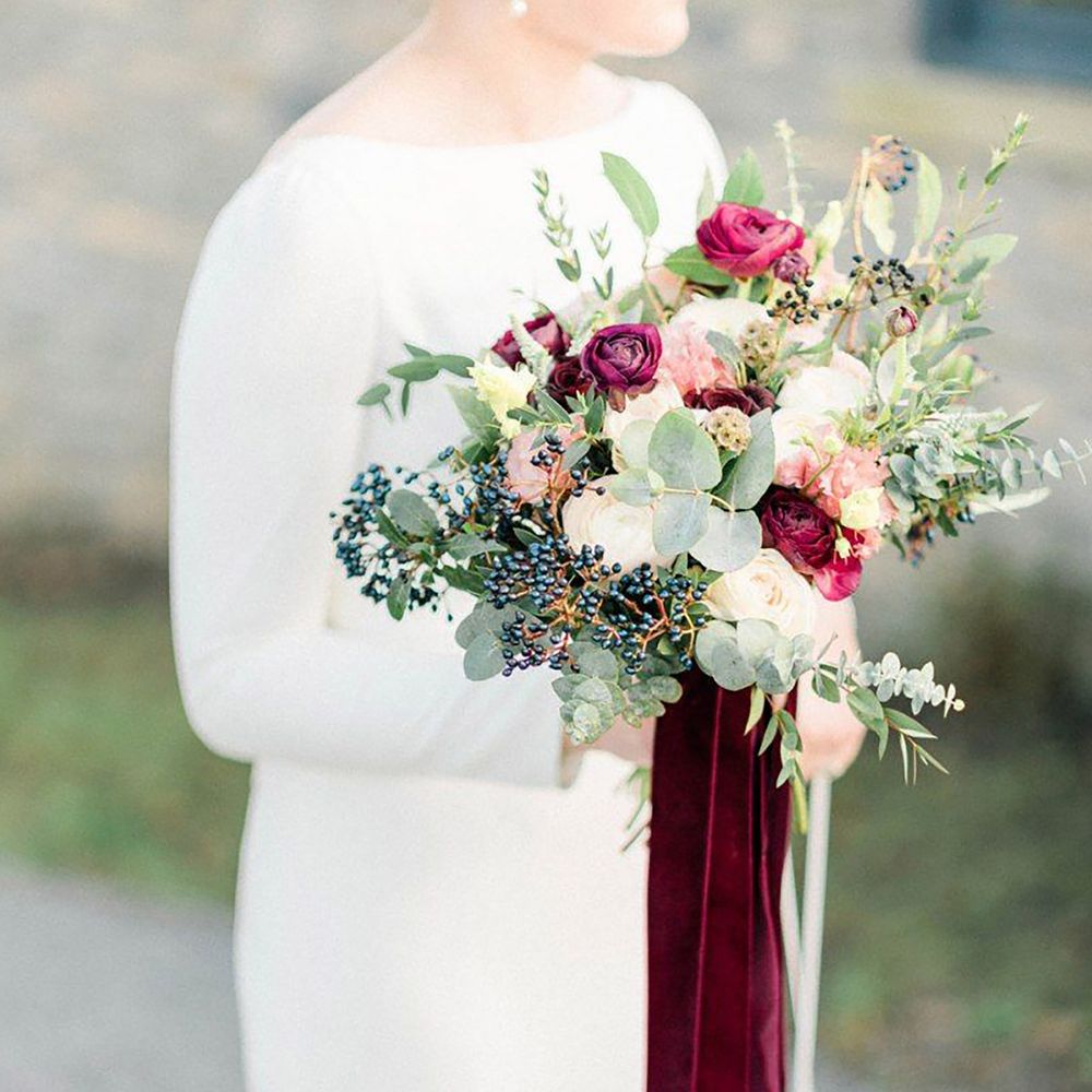 Burgundy wedding flowers with velvet ribbon