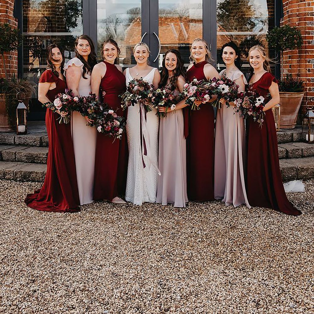 Mismatched burgundy and blush pink bridesmaid dresses