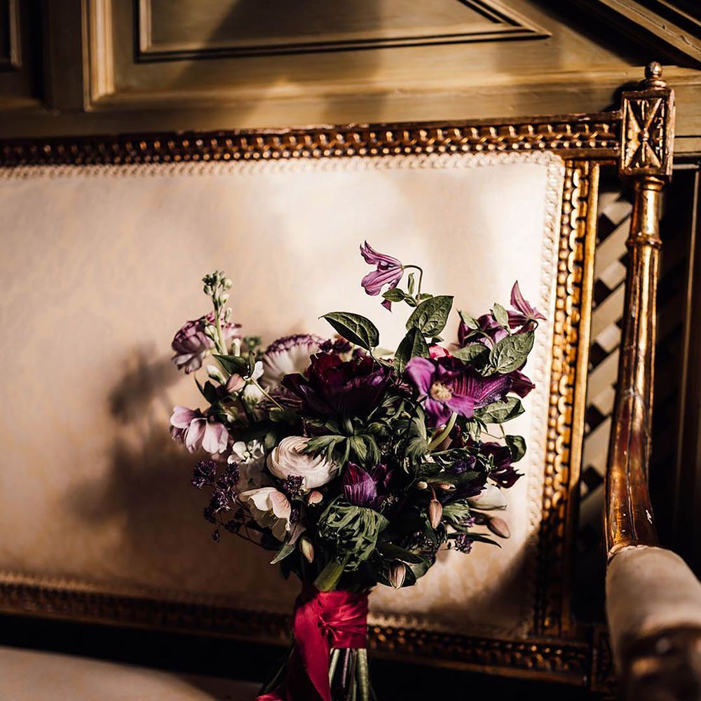 Bridal bouquet with burgundy ribbon