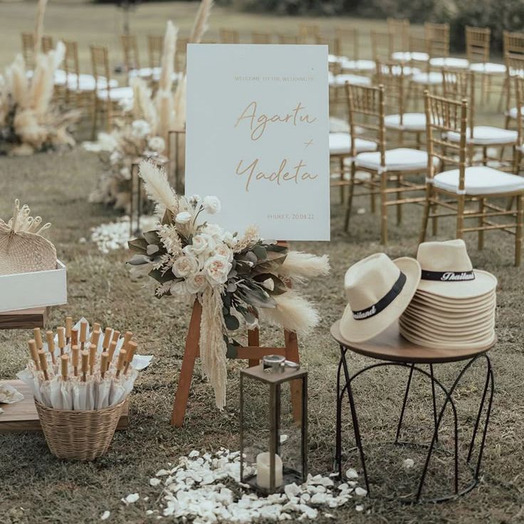 Boho Luxe Pampas Grass With Umbrellas and Personalised Wedding Hats
