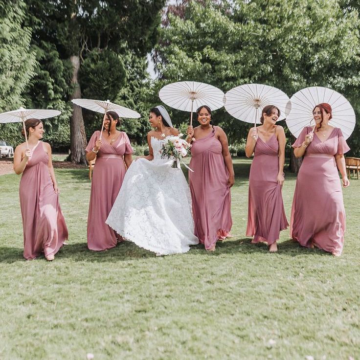 Bridesmaids in Pink Dresses with White Umbrellas