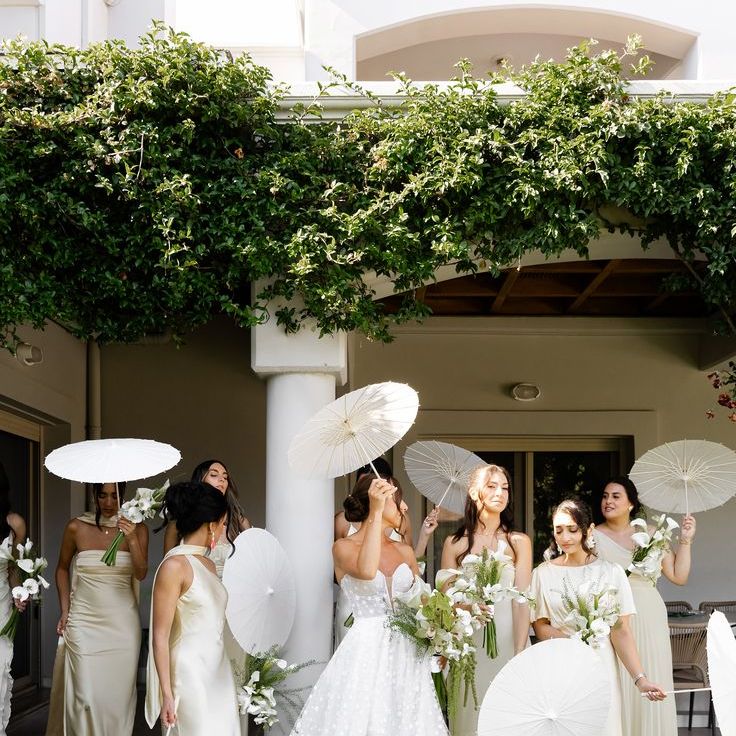 Butter Yellow Bridesmaid Dresses with Paper Umbrellas