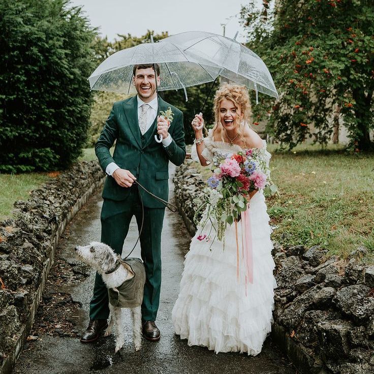 Cosy Rainy UK Wedding With Couple Walking Their Pet Dog