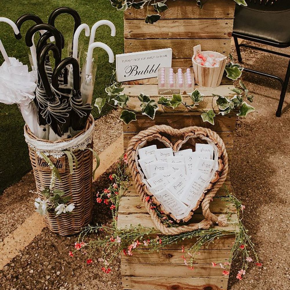 Umbrella wedding favours for guests at rainy stormy wedding