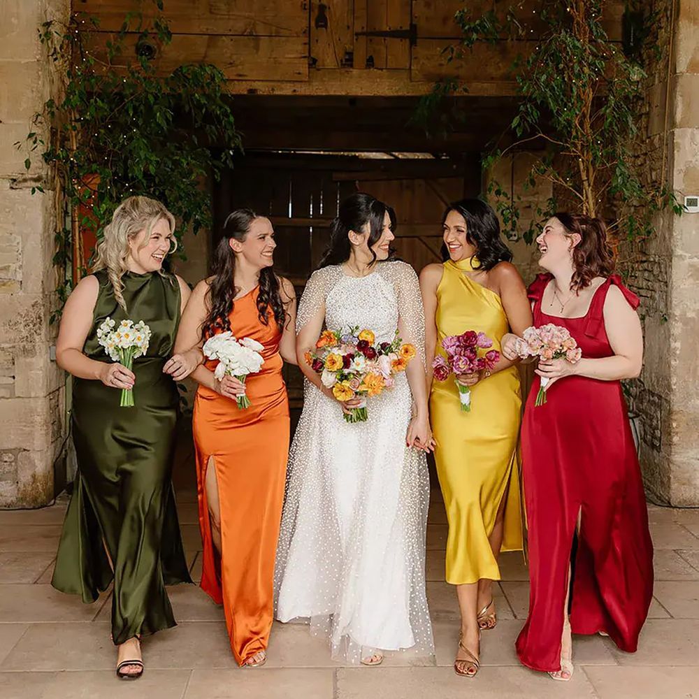 Mismatched autumnal bridesmaid dresses styled on different body types