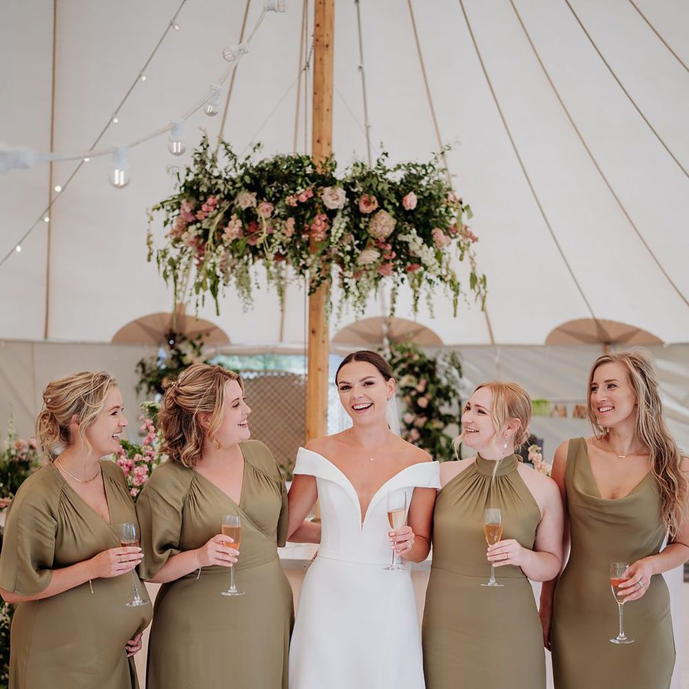 Olive green mismatched bridesmaid dresses styled on different body types