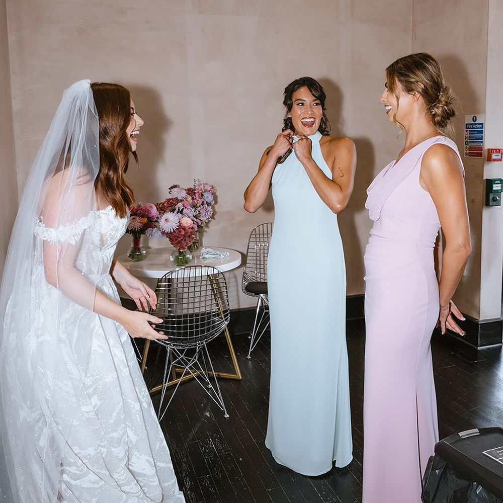 Pastel pink and blue bridesmaid dresses styled on different body types