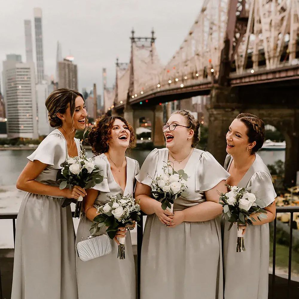 Sage green satin bridesmaid dresses styled on different body types 