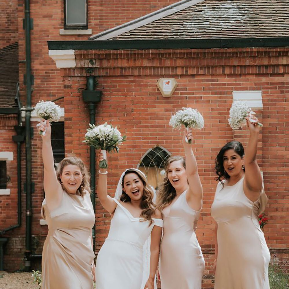 Champagne satin bridesmaid dresses styled on different body types 