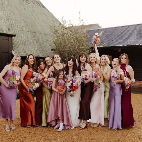 Bridal Party Wearing Satin Colourful Bridesmaid Dresses