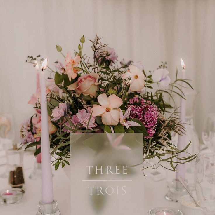 Lilac Wedding Flowers & Candles with Frosted Acrylic Table Number Sign