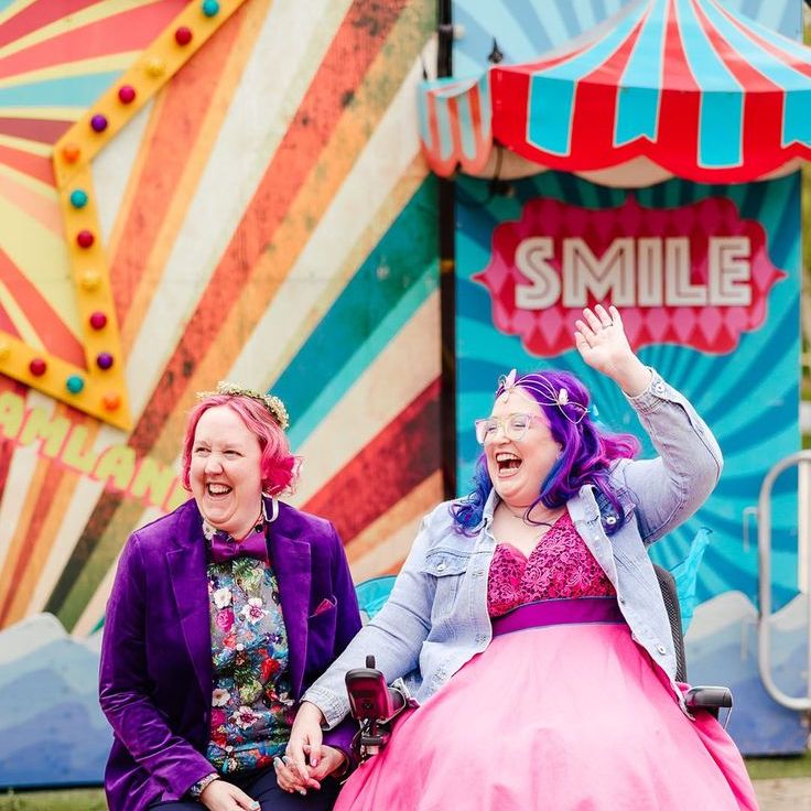 Pink Wedding Dress And Blue Fishnet Tights, Purple Velvet Blazer, Purple Bowtie & Patterned Shirt