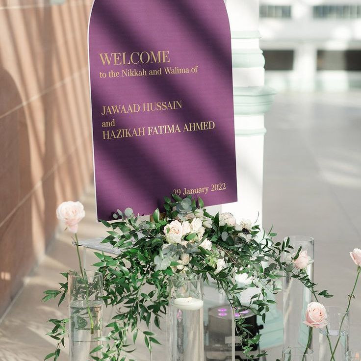 Purple & Gold Welcome Wedding Sign with Flowers & Foliage