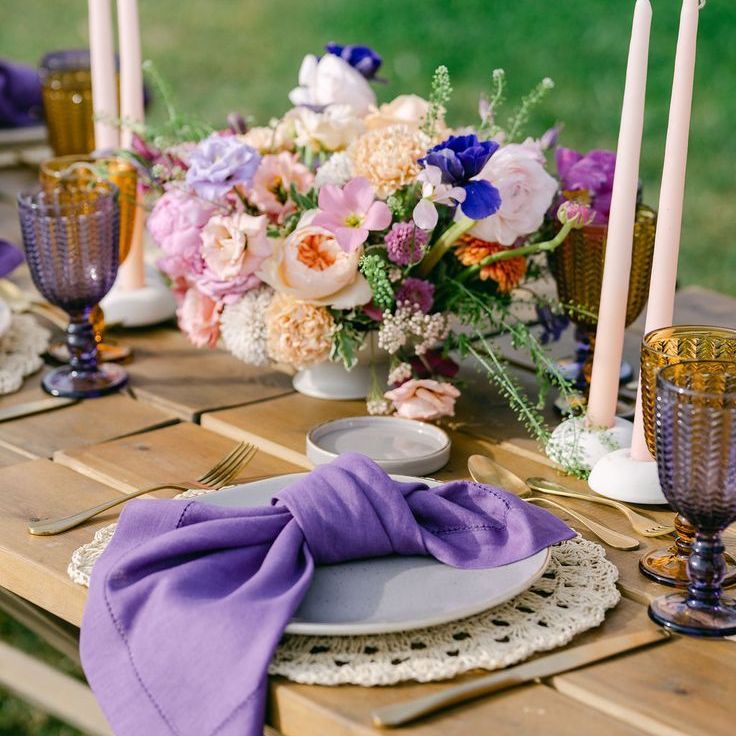 Purple Wedding Place Setting with Spring Flowers
