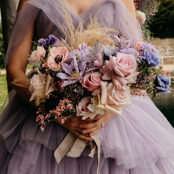 Stunning Lilac Tulle Wedding Dress with Pastel Flower Bouquet