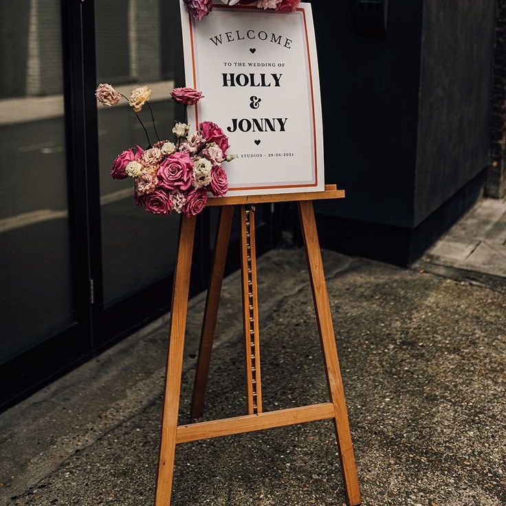 Wedding Welcome Sign with Pink & Purple Flowers
