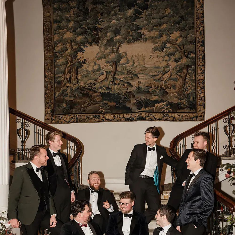 Reception with the groomsmen in black tie tuxedo