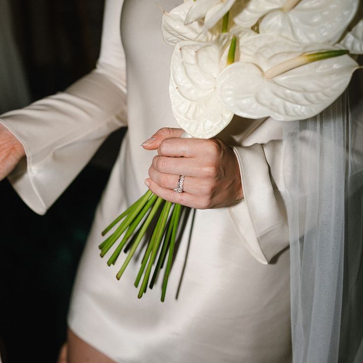 White Anthurium Wedding Bouquet For Bride In Short Satin Dress