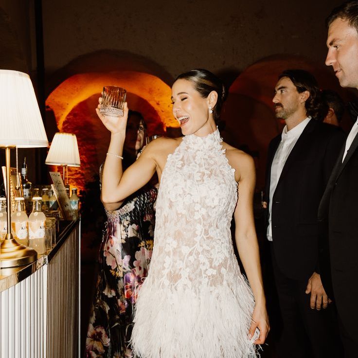 Floral lace and feather halter neck engagement party dress