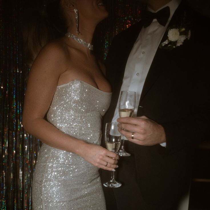 Bride in Silver Sequin Strapless Engagement Party Dress