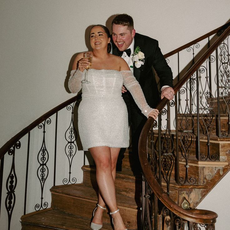 Bride in Sparkly Short Sequin Mini Dress For Engagement Party & Pointed Shoes