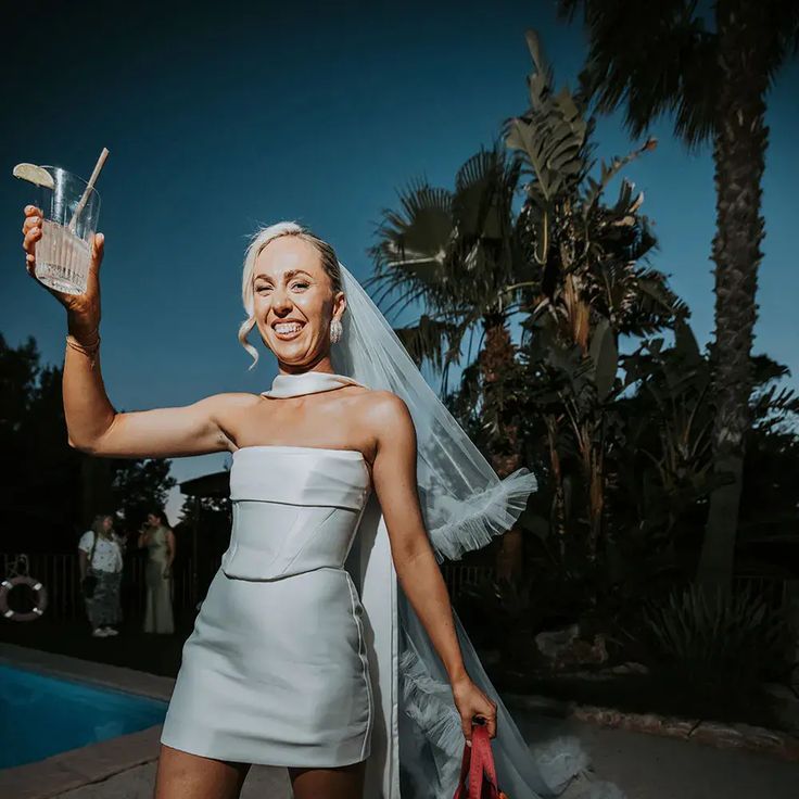 Bride in strapless fitted engagement party dress