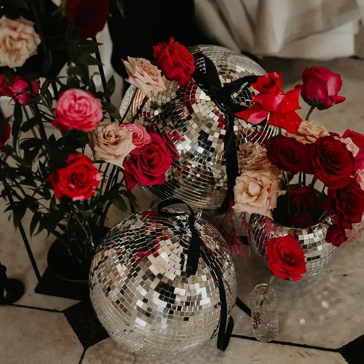 Pink & Red Roses with Disco Balls Wedding Decor