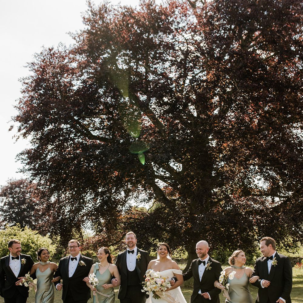 wedding-party-walks-together-in-a-line