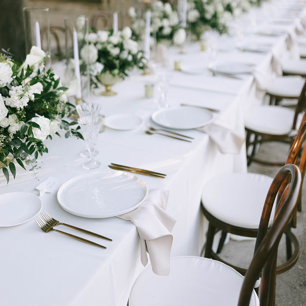 All white wedding tablescape 