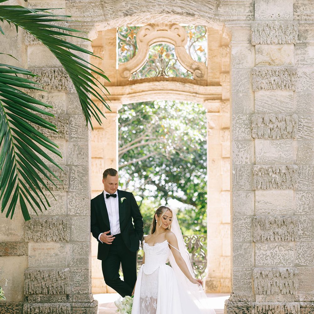 Vizcaya Museum and Gardens with luxe black tie wedding fashion and couture